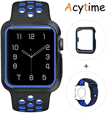 For Apple Watch Band, Acytime Durable Soft Silicone Replacement iWatch Band Sport Style Wrist Strap for Apple Watch Band Series 3 Series 2 Series 1 (Black Blue, 42mm M/L)