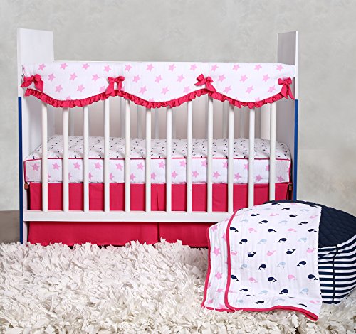 Bacati Nautical Whales/Boats/Stars Girls 100% Cotton 3 Piece Crib Set with 4 Layer Lux Blanket/Fitted Sheet/Skirt, Pink/Navy