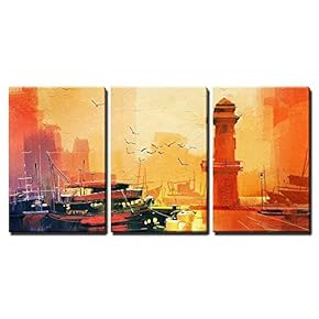 3 Piece Canvas Wall Art - Lighthouse and Fishing Boat at Sunset,Oil Painting Style - Modern Home Art Stretched and Framed Ready to Hang - 16"x24"x3 Panels