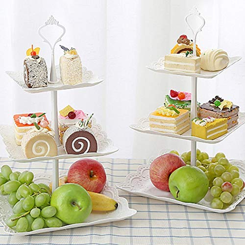MelysUS 2/3-Tiers Cake Stands,Square Pure Elegant Embossed Dessert Display White for Baby Shower Wedding Birthday Party Celebration Home Decor(24 x 37 cm) Ornaments