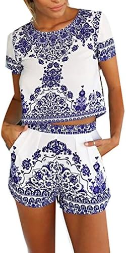 Papijam Women's Short Sleeve Print 2 Pieces Outfit Crop Top+Short Pants White S