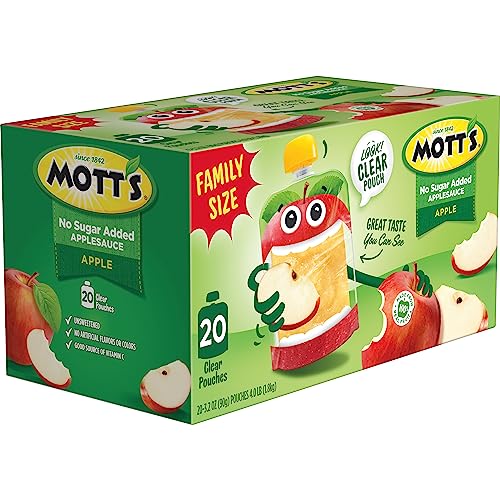 MOTT’S NO SUGAR ADDED APPLESAUCE, MADE FROM REAL FRUIT, NO ARTIFICIAL FLAVORS, 3.2 OZ CLEAR POUCHES, 20 PACK