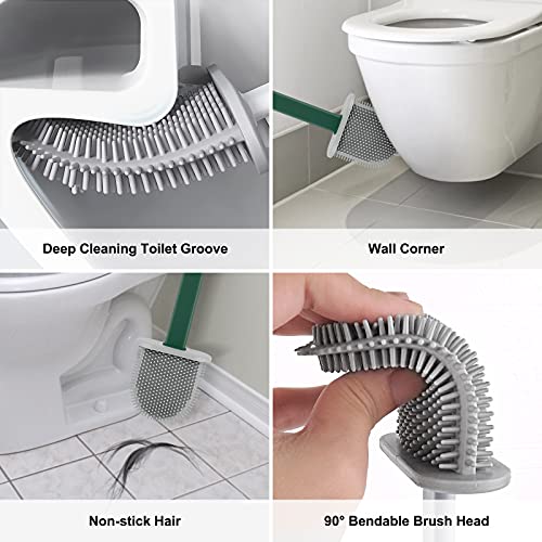 Onlyesh Silicone Toilet Brush with Holder, Wall Mounted Toilet Brush Set with Drain Pad & Extra Hook, Deep Cleaner Toilet Brushes with No-Slip Plastic Handle, for Bathroom Toilet (Green)