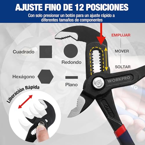 WORKPRO Curved Water Pump Pliers 250 mm, Extendable Pliers, Water Pump Pliers, Parrot Spike Pliers with Curved Groove