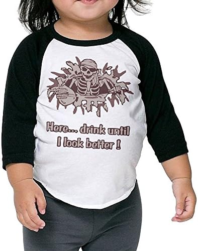 Hanxiaoxiao Kids' Here Drink Until I Look Better Skeleton Pirate Humor Fit Black Cute Tee 2 Toddler Crew Neck 1/2 Sleeve Raglan T-Shirt
