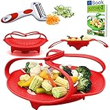 PRIME Silicone Vegetable Steamer Basket - Red - BEST Bundle - Fits Instant Pot Pressure Cooker 5, 6 Qt & 8 Quart - 100% Silicon - BONUS Accessories - eBook + Peeler | For Instapot - Use as Egg Rack