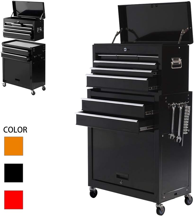 Tool box 8-Drawer,Portable Tool Chest with Wheels and Drawers for Storage Garage,Top Chest Removable Rolling Tool Cabinet,Top&Bottom Key Lockable (Black)