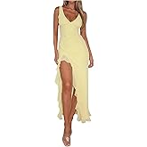 SOLY HUX Women's Sleeveless V Neck Ruffle Trim Split Hem Dress Bodycon Long Dresses