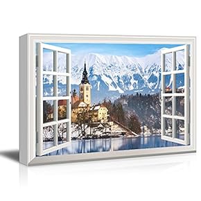 Window View Canvas Wall Art - Ancient Houses by The Snow Covered Mountains - Giclee Print Gallery Wrap Modern Home Art Ready to Hang - 12x18 inches