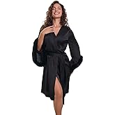 silkola Satin Robes for Women Bridal Bridesmaids Robe Silk Robe with Faux Fur Trim Satin Bell sleeves Wedding Dressing Gown