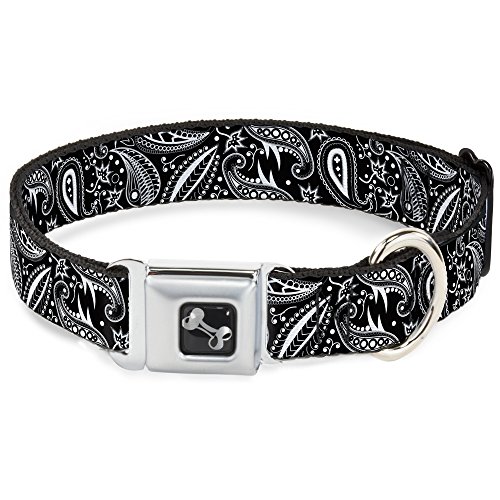 Dog Collar Seatbelt Buckle Floral Paisley3 Black White 18 to 32 Inches 1.5 Inch…