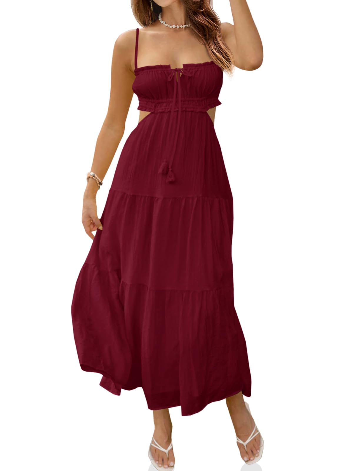 Photo 1 of Fisoew Women's Spaghetti Strap Maxi Dress Summer Sleeveless Side Cut Out Dress Casual Boho Backless Flowy Long Dresses Burgundy