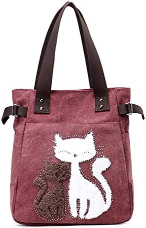 Hiigoo Casual Handbag Canvas Shoulder Bags Cat Tote Environmental Shopping Bag Trendy Totes (Red)