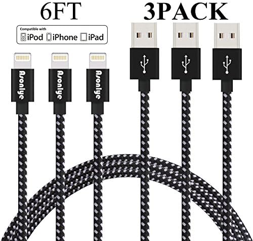 Asonlye Lightning Cable, 3 Pack 6 FT Nylon Braided Charger Cable USB Cord for iPhone 7/7 Plus,6/6S/6 Plus/6S Plus,5/5S/5C/SE,iPad Mini/Air/Pro,iPod Nano 7,iPod Touch (Black)