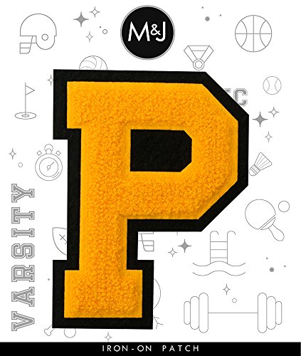 P - Gold on Black - 4 1/2 Inch Heat Seal/Sew On Chenille Varsity Letter