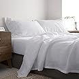 Simple&Opulence 100% Linen Sheet Set with Embroidery Washed - 3 Pieces (1 Flat Sheet & 1 Fitted Sheet & 1 Pillowcase) Natural Flax Soft Bedding Breathable Farmhouse - White, Twin Size