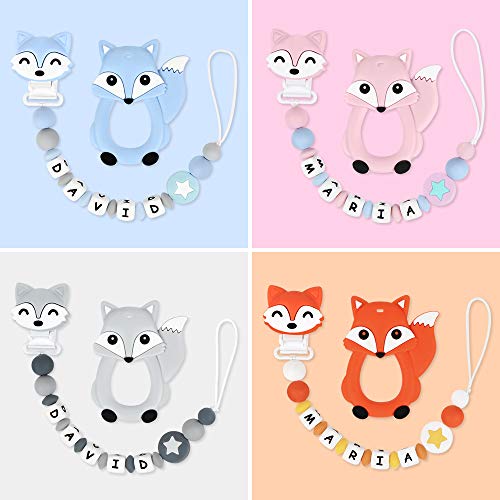 Pacifier Clip Personalized Name with Fox Teether, MCGMITT Customized Binky Holder Teething Silicone Beads for Baby Boys (Blue) - Thumbnail 5