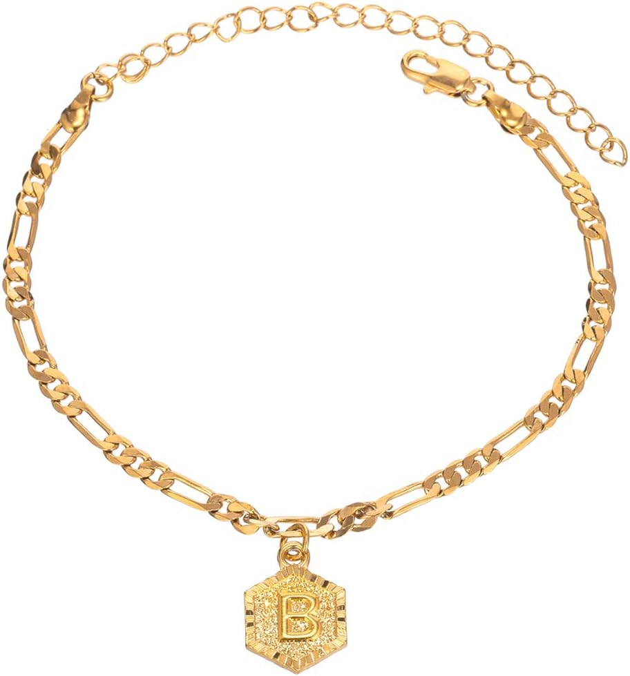 Initial Charm 5mm Wide Figaro Chain 18K Gold Plated Bracelet for Women Men Teen Girls Boys 26 Letters Alphabets Friendship Bracelets with Extension