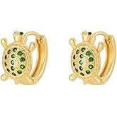 Cute Turtle Green CZ Small Hoop Earrings for Women Cartilage Tragus Piercing Dainty Gold Plated Animal Sleeper Tiny Little Huggie Hoops Hypoallergenic Fashion Jewelry Seaside Beach Holiday Gift