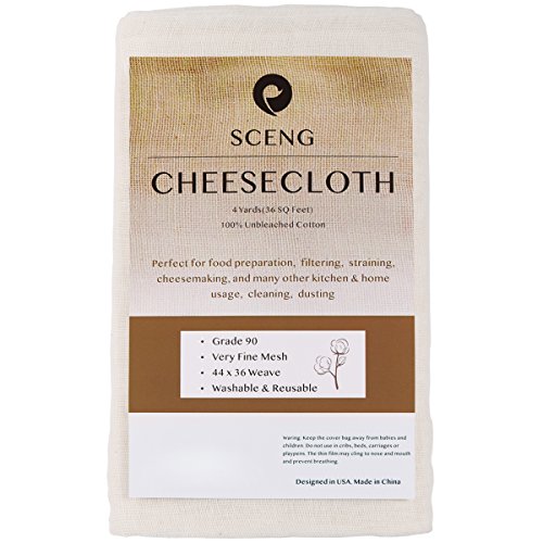 Cheesecloth, Grade 90, 36 Sq Feet, Reusable, 100% Unbleached Cotton Fabric, Ultra Fine Cheesecloth for Cooking - Nut Milk Bag, Strainer, Filter (Grade 90 - 4Yards)