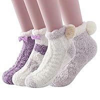 Skola Super Soft Cozy Winter Warm Slipper Socks Womens Anti Slip Grip Fuzzy Pom Pom Socks 4 Pairs(Purple series)