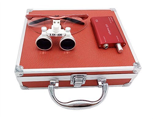 WorKing 3.5x 420mm Working Distance Surgical Binocular Loupes Optical Glass with LED Head Light Lamp+Aluminum Box Red