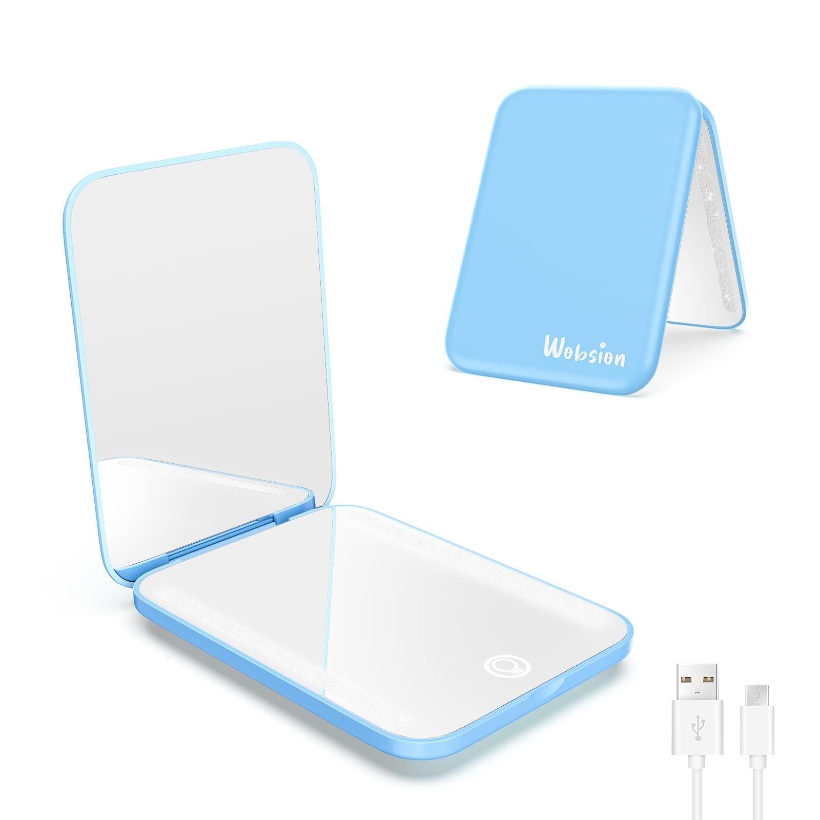 WOBSION Travel Makeup Mirror with Light, Dimmable Compact Mirror for Pocket, Small Mirrors for Handbag, 1x/3x Magnifying Portable Led Mirrors for Women, Rechargeable, Gifts for Girls, Light blue