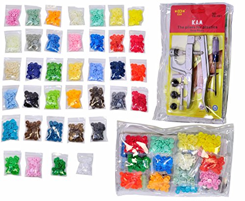 370 KAM snaps 37-color with KAM Snap Press Plier Hand Setter Tool and 4 Dies Sizes (T3, T5, T8A and T8B) for KAM Plastic/Resin Snaps use to make Cloth Diapers/Bibs/Mama Pads/PUL with Clear Zip Pouch