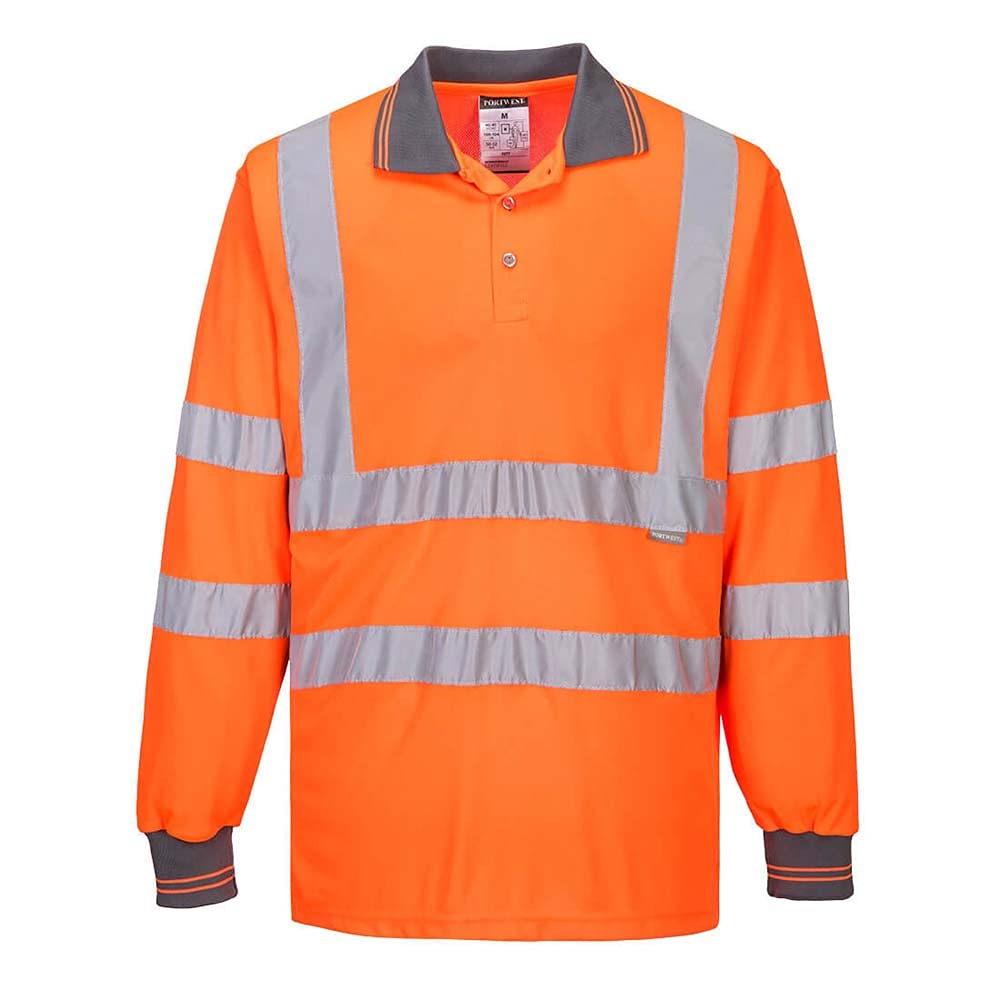 Portwest S277 Men's Hi Vis Long Sleeve Polo Shirt - Reflective High Viz Outdoor Safety Security Workwear Top, Orange, M