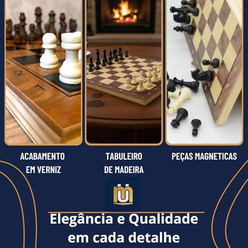 Jogo de xadrez Magnético 3 em 1, Damas e gamão em madeira, Tabuleiro Dobrável 24x24 cm, Peças de Resina, Estilo Estojo Clássico Profissional