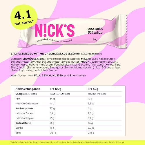 NICKS Keto Riegel Peanuts n fudge, Schokolade Erdnüsse Karamell Snacks, 175 Kalorien, 4,1 Net carbs, ohne Zuckerzusatz, Glutenfrei, Low carb Süssigkeiten (15x40g) thumbnail 3