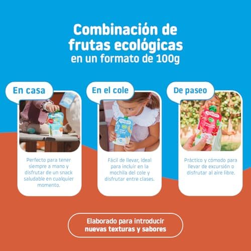 - Saquinho de fruta biológica - Sem sal ou açúcar adicionados, sem glúten - Lanche prático para crianças - Sabor a amêndoa, cacau e leite de morango