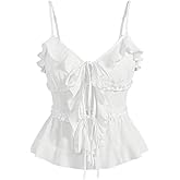 MakeMeChic Women's Tie Front Ruffle Camisole Top Frill Trim Flared Hem Shirts
