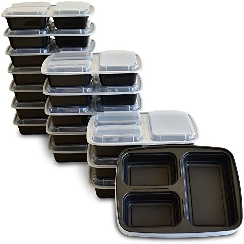 Yohino Meal Prep Containers with Leak Resistant Lids (16-Piece Set) - Reusable, 3 Compartment Bento Box for Lunch - Food Portion Control - Supports Healthy Eating, Weight Loss and Diet Plans