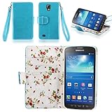 IZENGATE Samsung Galaxy S4 Active I9295 Elegant Floral Skin Premium PU Leather Wallet Flip Case Cover Folio Stand (Turquoise Blue)