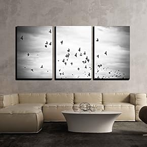 3 Piece Canvas Wall Art - Pigeons Flying in The Sky in Groups, Black White - Modern Home Art Stretched and Framed Ready to Hang - 16"x24"x3 Panels