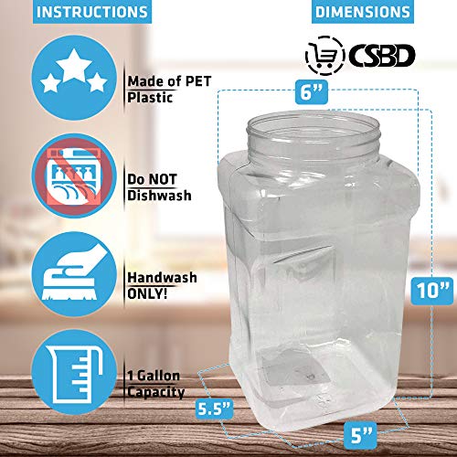 CSBD 1 Gallon Clear Plastic Jars with Ribbed Liner Screw On Lids, BPA
