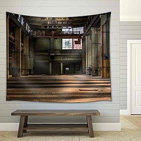 Dark Industrial Interior of an Old Building - Fabric Wall Tapestry Home Decor - 51x60 inches