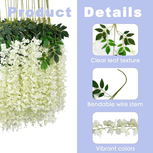 BIRDDIE 24 Pcs Artificial Plants Decorative, Artificial Flowers Decoration, Artificial Wisteries, Hanging Garland for Background, Wedding, Garden and Home Wall Decoration (White)