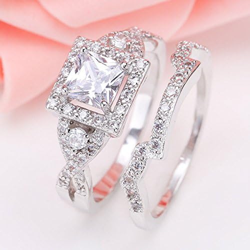 Dazzling Princess Cut 925 Sterling Silver White Topaz Women Wedding Ring Set (7)