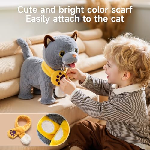 TUMAMA Walking Toy Cat with Remote Control Leash, Walking,Meowing, Shake Tail, Licking, Electric Interactive Stuffed Animal, Birthday Gift for Kids