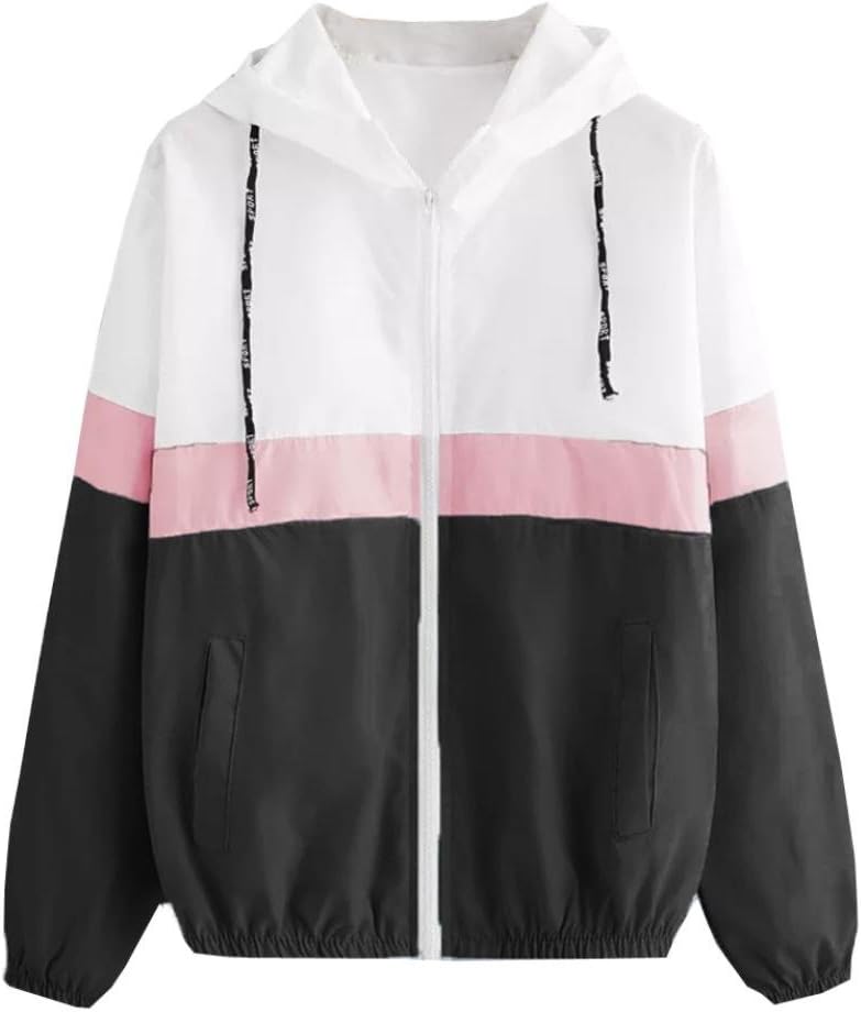 Women Patchwork Hoodie Ladies Hooded Zip Zipper Long Sleeve Top Sweat Shirt Jacket Sport Coat Sweater with Pockets