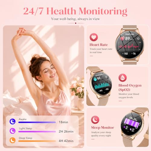 Women's Smart Watch with Bluetooth Call: 1.32" AMOLED HD Round Smartwatch IP68 Waterproof Activity Fitness Bracelet with Blood Pressure Monitor Sleep SpO2 with 120+ Sports for Android iOS
