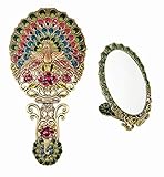 Ivenf Extra Large Size Vintage Oval Make-Up Hand/Table Mirror, Dress Table Decoration, Spreading Tail Peacock, Antique Bronze