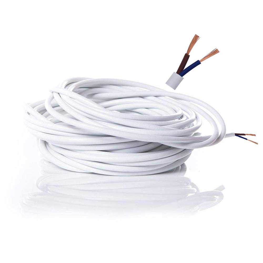 Electrical Wire - 2 Core Flat White PVC Mains Copper Wire High Temperature Resistance 2 x 0.75 mm² Power Cable Twin - 10 Metre Cut Length Flexible Pond Cable