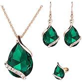 Ezing Women Crystal Pendant Gold Plated Chain Necklace Earring Jewelry Set (Green)