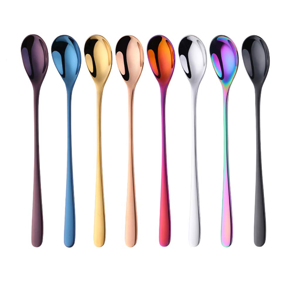 Bisda Long Handled Teaspoons Stainless Steel Colorful Latte Long Spoon 8 piece Cocktail Spoons Coffee Spoon for Ice Tea Yoghurt Smoothies 20.5cm