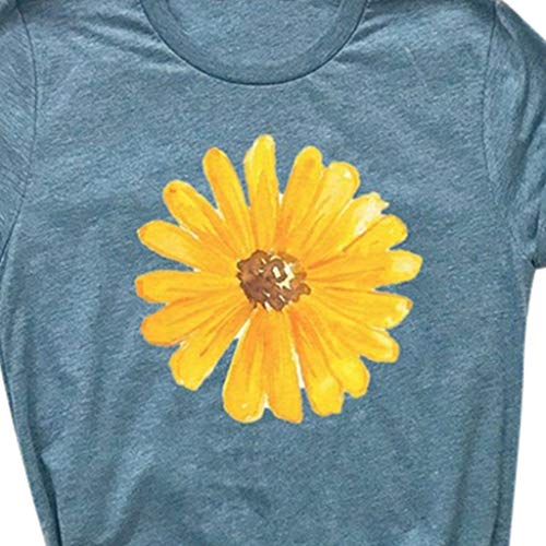 Respctful ♫♫Sunflower Tops Clothes for Women Floral prin Graphic Print Short Sleeve Casual Tees Tops Blue - Thumbnail 3