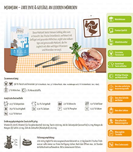 MjAMjAM-Premium-Nassfutter-fr-Katzen-Quetschie-zarte-Ente-Geflgel-an-leckeren-Mhrchen-12er-Pack-12-x-125-g-getreidefrei-mit-extra-viel-Fleisch
