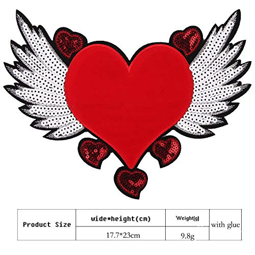 JKJF Large Heart Sequins Patch with Flying Wings Sequins Patch Sew on Patches Embroidered Badge Motif Applique Compatible Clothing Jeans T-Shirt DIY Sewing Apparel Accessories (2 Pieces)